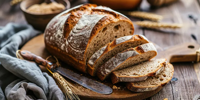 Frisch gebackenes Roggensauerteigbrot auf einem Holzbrett mit einer grauen Leinenserviette. 
