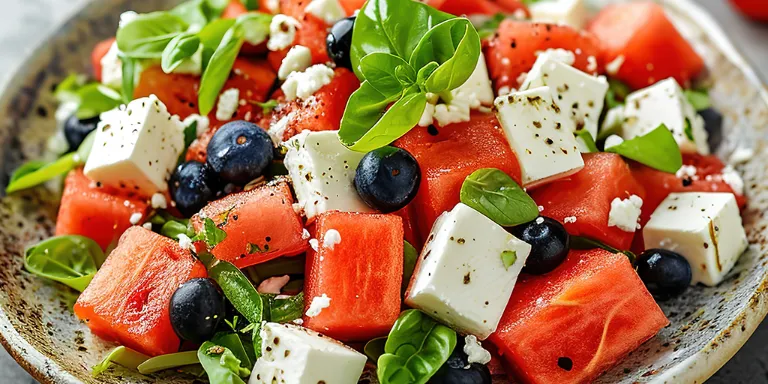 Melonen-Feta-Salat serviert auf einem Teller