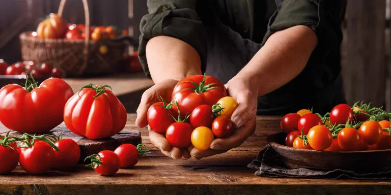 Verschiedene Tomatensorten werden auf einem Tisch und in Händen präsentiert.