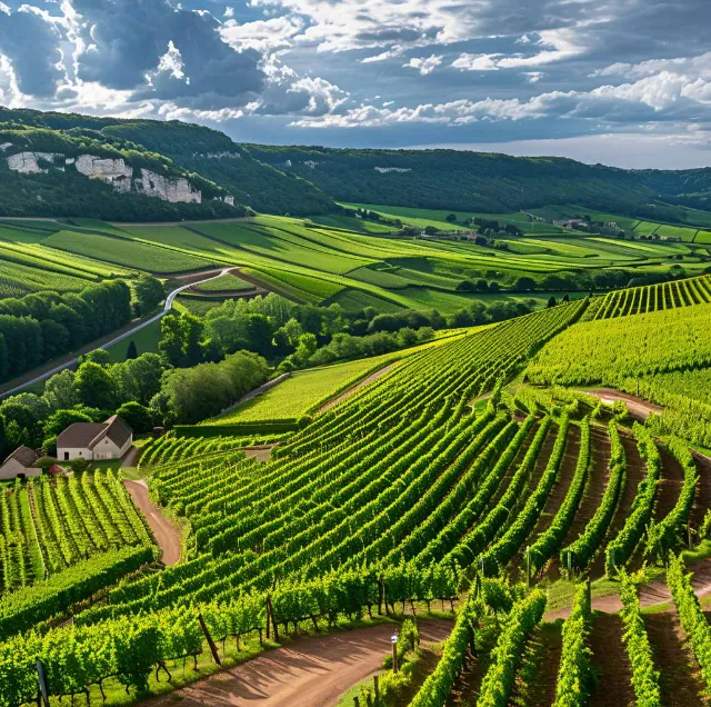 Blick auf ein weitläufiges Weinanbaugebiet
