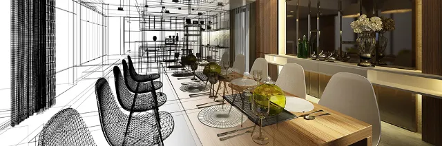 Planung einer Restaurantausstattung - die eine Hälfte mit realen Möbeln und Gegenständen und die andere als Skizze.