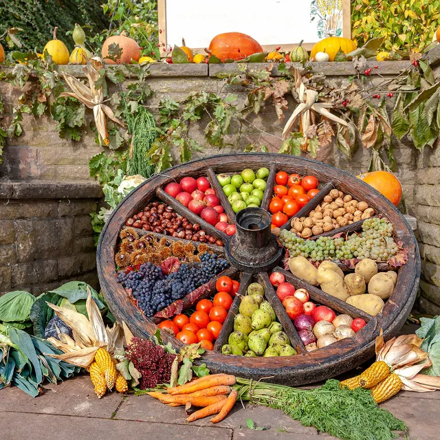 Obst und Gemüse in einem Rad für Erntedank