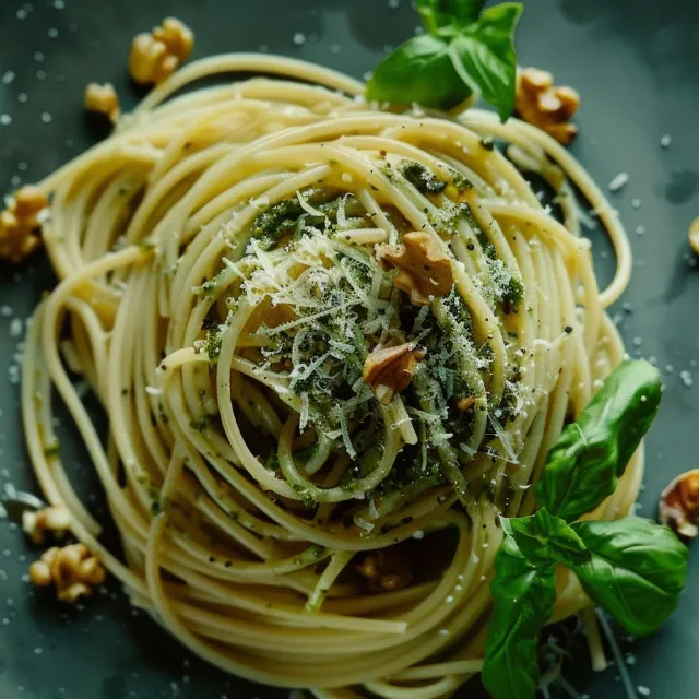 Linguine mit Miso-Spinat Pesto ein Rezept aus Fusionsküche angerichtet auf einem Teller mit fischen Walnüssen und Parmesan