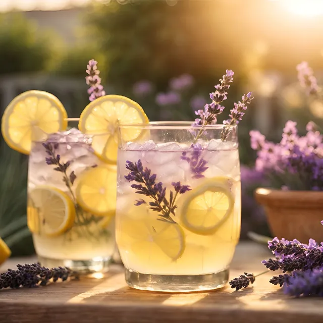 frische Limonade mit Zitronenscheiben und Lavendel angerichtet neben einem Lavendel auf einem kleinen Gartentisch mit Sonnenschein im Hintergrund