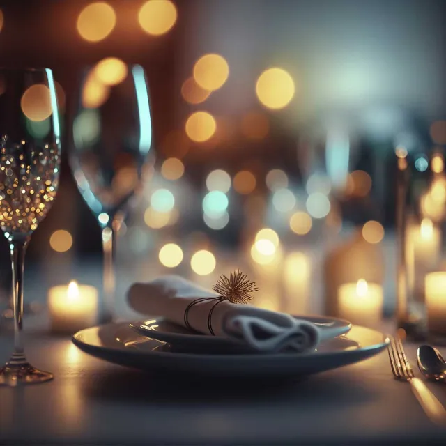 eingedeckter festlicher Tisch mit Kerzenschein und weißer Serviette