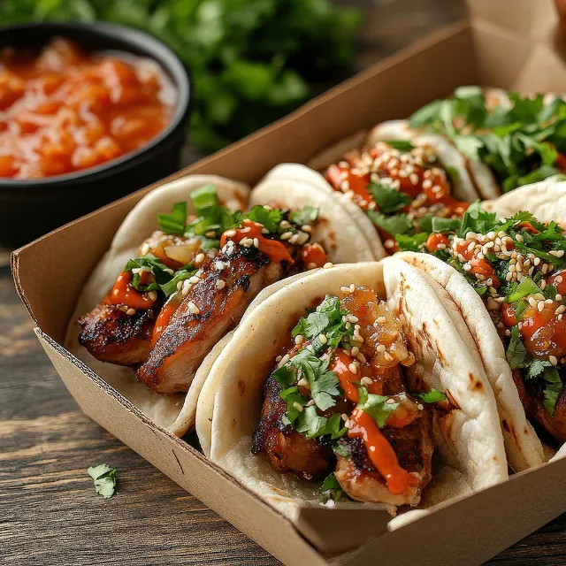 Fusionsküche koreanische Tacos mit Hähnchen und Tomate in einer Pappschachtel