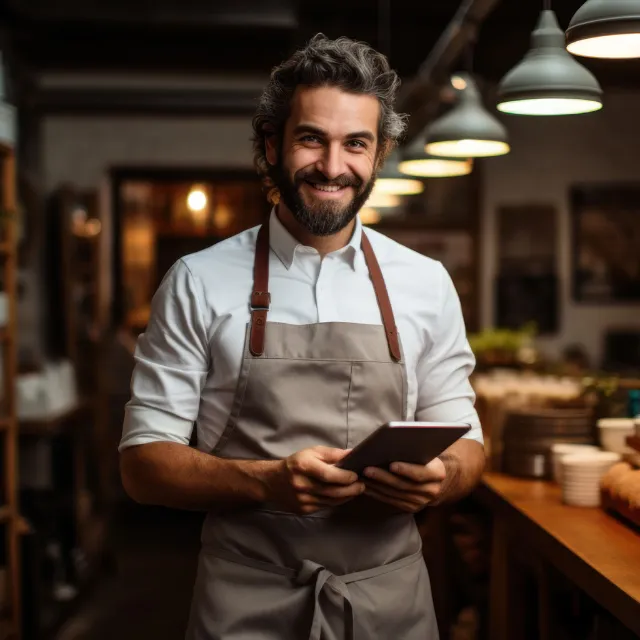 Barkeeper in einem restaurant mit grauer Schürze und Tablet in der Hand