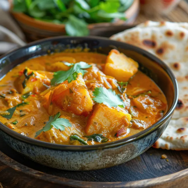 Fenchel-Möhren-Curry in einer dunkelgrauen Schüssel, im Hintergrund liegt Naan-Brot