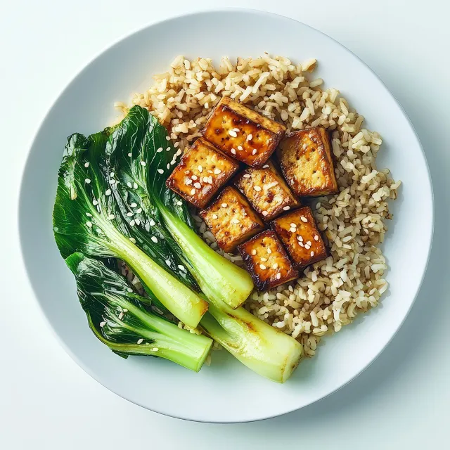 Pak Choi mit Tofu und Reis auf einem weißen Teller angerichtet