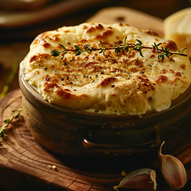 Kartoffel-Käse-Soufflé in einer Holzform