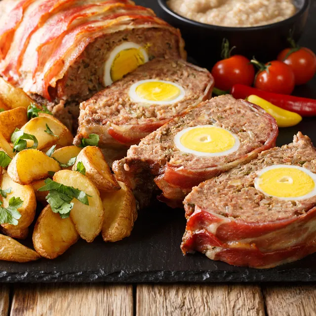 Frisch gebackener Falscher Hase Hackbraten angeschnitten und angerichtet mit Kartoffelspalten