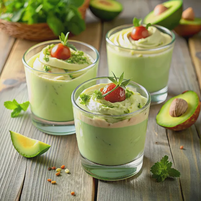 Drei Dessertgläser mit einer grünen Mousse aus Avocado,  mit Sahne und Erdbeeren garniert