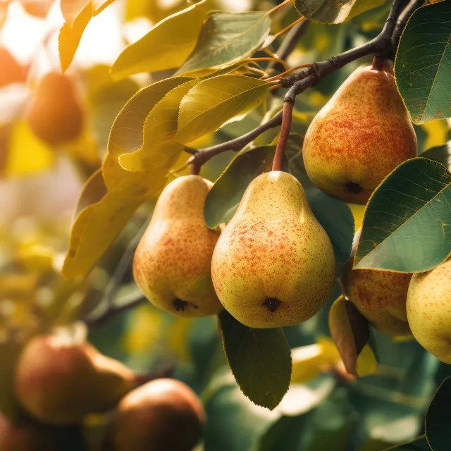 Mehrere reife Birnen hängen an einem Birnbaum, im Hintergrund ist die Sonne zu sehen.