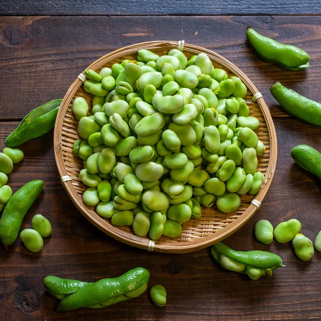 Dicke Bohnen in einer geflochtenen Schale, die auf einem Holztisch steht. Auf dem Tisch liegen weitere Bohnenschoten