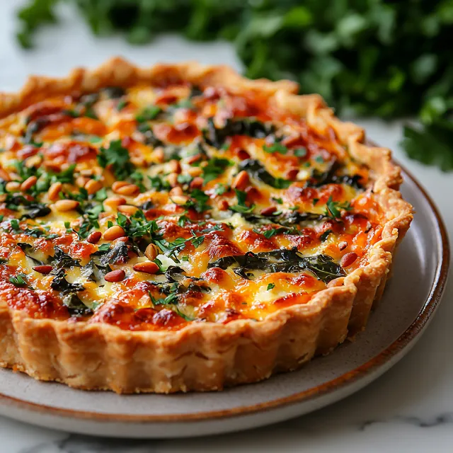 Mangoldtarte auf einem weißen Teller, im Hintergrund Mangold