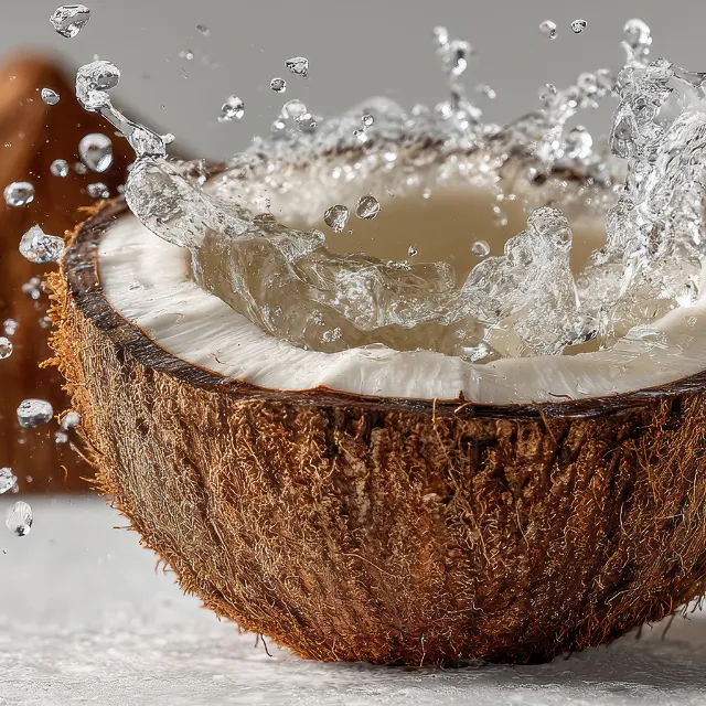Geöffnete Kokosnuss und Kokoswasser