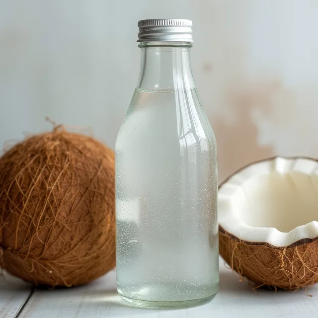 Kokoswasser mit zwei Kokosnüssen auf einem Tisch aus Holz