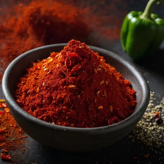Paprikapulver und Paprika auf dunklem Hintergrund