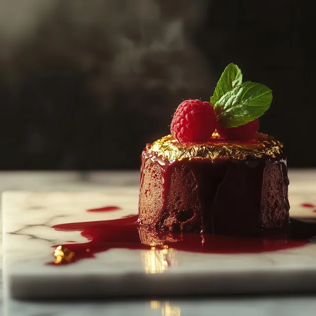 Schokoladen-Soufflé mit Himbeersauce angerichtet