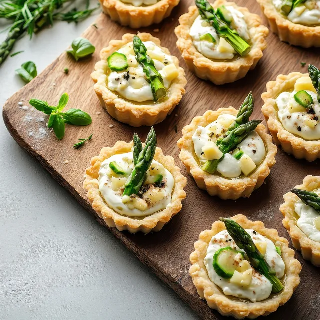 Kleine Spargel-Soufflés in Törtchenform auf Holzbrett
