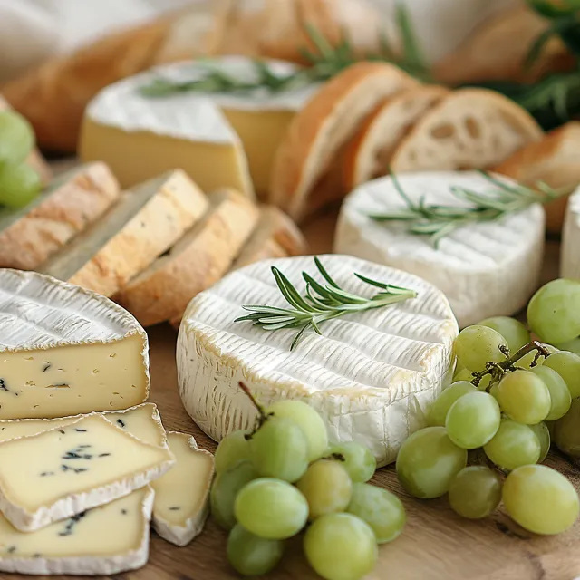 Weintrauben und Käse auf einem Holzbrett