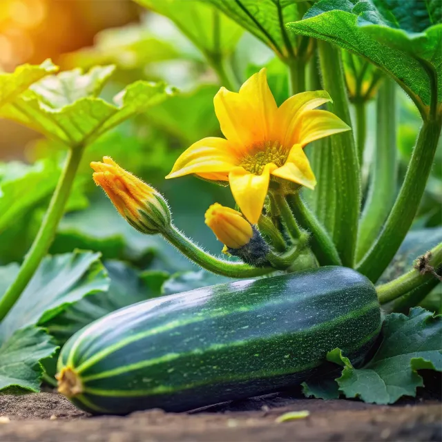 Zucchini mit einer gelben Zucchiniblüte auf einem Feld