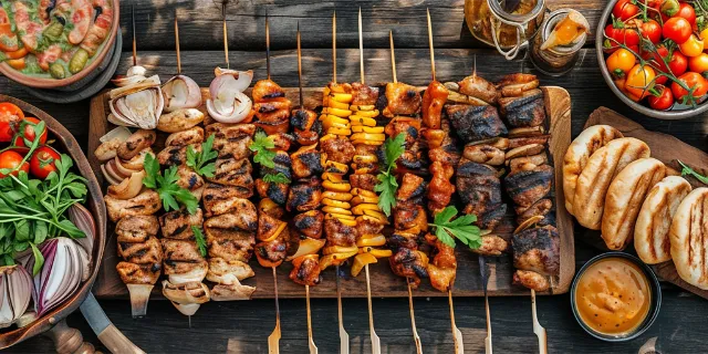 Tisch voll mit vegetarischen Grillspezialitäten 