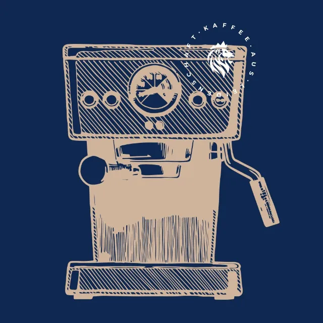 Gezeichnete Barista Kaffeemaschine und Löwenkaffee Logo auf blauem Hintergrund
