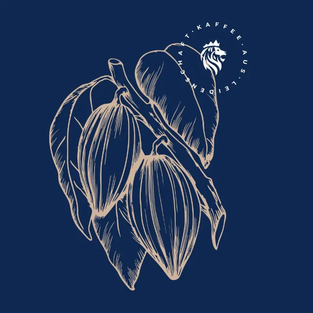Gezeichnete Kaffeepflanze und Löwenkaffee Logo auf blauem Hintergrund