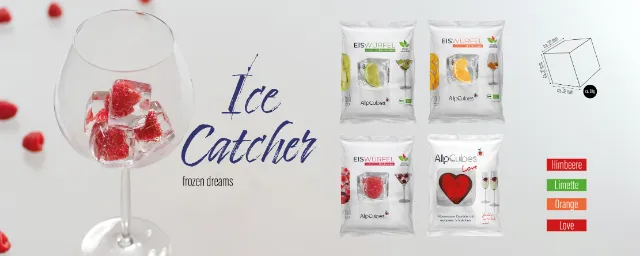 Abbildung von Eiswürfeln mit Hiimberen in einem Weinglas sowie verschiedenen Verpackungen der Ice Catcher