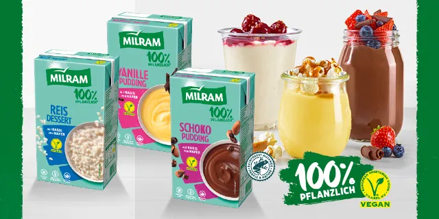 MILRAM pflanzliche Dessert-Klassiker auf Haferbasis. 100 % pflanzlicher Genuss in bewährter MILRAM Qualität.