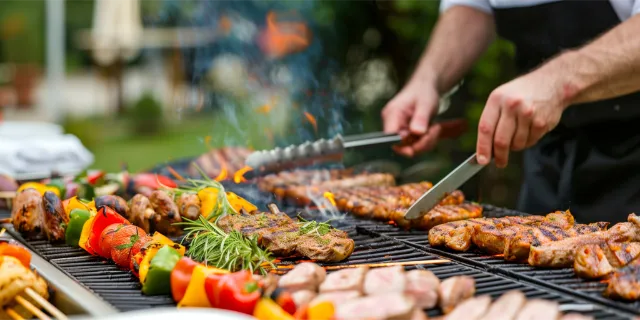 Fleisch und Gemüse liegt auf einem Grill