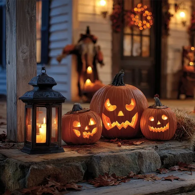 Ausgehöhlte Kürbisse mit Kerze darin stehen an Halloween vor einer Haustür.