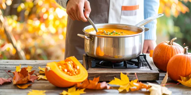 Kochtop mit Kürbissuppe steht auf einer Herdplatte, daneben liegen ganze und halbe Kürbisse