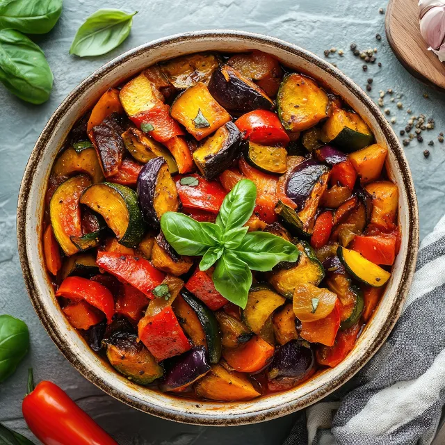 Tomaten Ratatouille zubereitet in einer runden Schüssel garniert mit frischem Basilikum