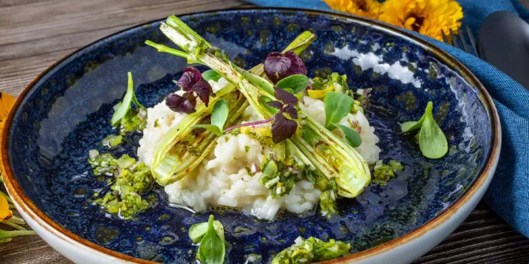 cremiges Risotto angerichtet mit Babyfenchel angerichtet auf einem Teller 