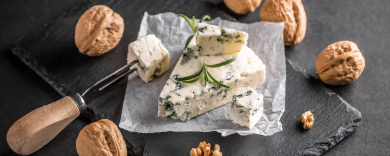 Ein Stück Gorgonzola und Walnüsse auf einer Schieferplatte