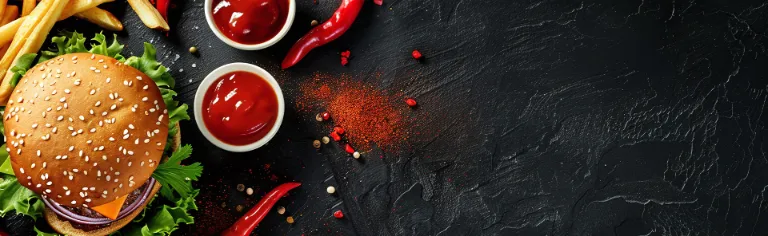 Burger auf einer Schiefertafel, dazu zwei Schalen mit Ketchup