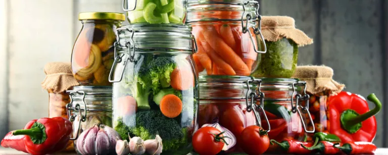 eingekochtes Gemüse in unterschiedlich großen Gläsern mit roter Paprika, Peperoni, Knoblauch und Tomaten 