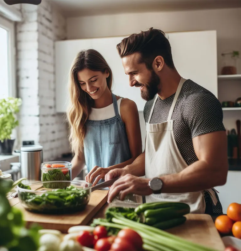 Eine Frau und ein Mann stehen in der Küche und kochen zusammen